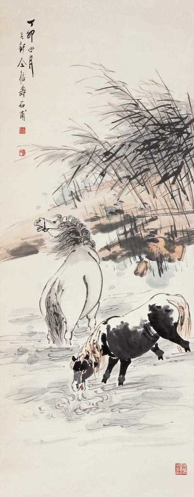 金寿石 丁卯（1927年）作 双马 立轴